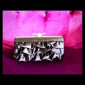 Black satin ruffle evening clutch with crystal bow